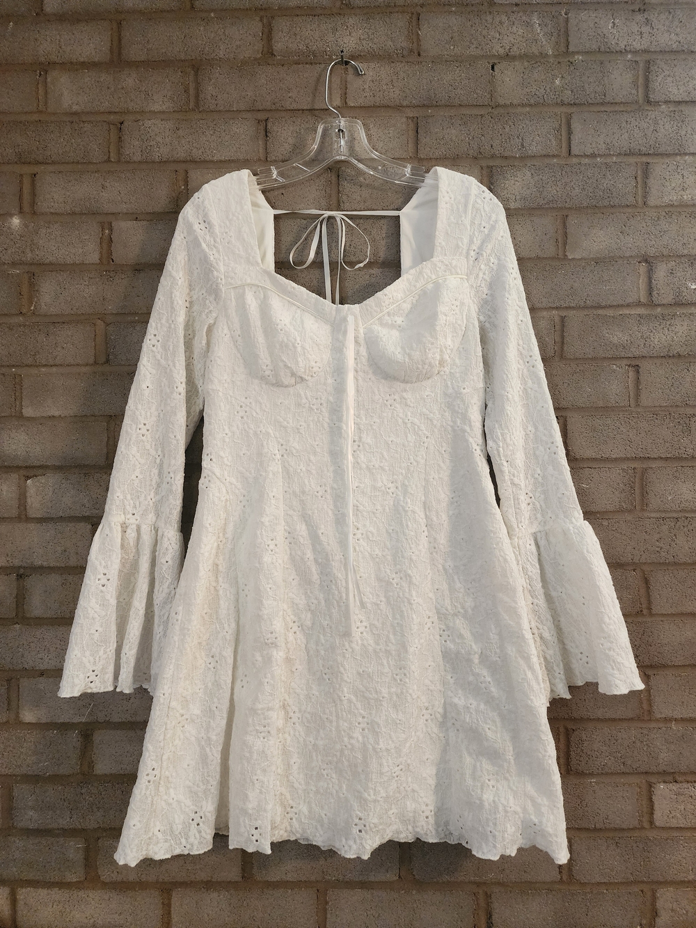 SHEIN White Eyelet Long Sleeve Mini Dress with Bell Sleeves